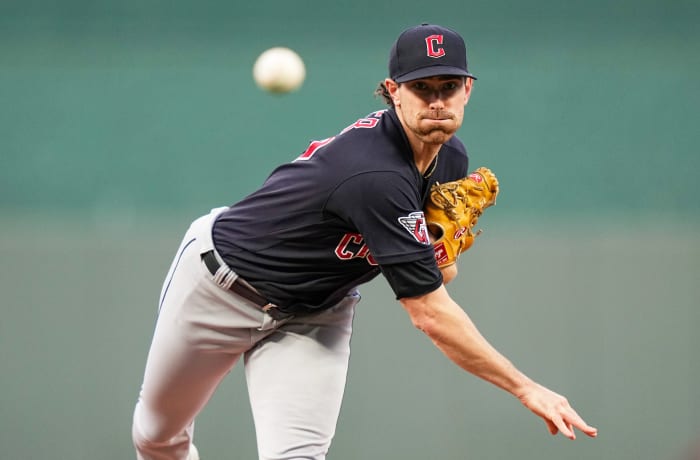 Sep 6, 2022; Kansas City, Missouri, USA; Cleveland Guardians starting pitcher Shane Bieber (57) warms up during the first inning against the Kansas City Royals at Kauffman Stadium.